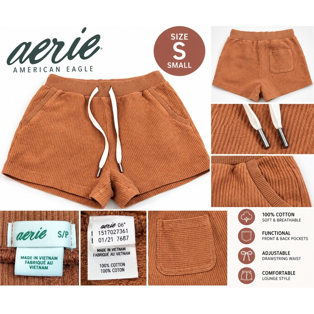 Aerie American Eagle Rust Brown Ribbed Cotton Lounge Shorts Small 1517027361